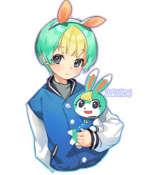 Rule 34 | 1boy, animal crossing, animal ears, blonde hair, blue eyes, blush, closed mouth, cropped torso, dated, green hair, humanization, jacket, korean commentary, letterman jacket, long sleeves, male focus, multicolored hair, nintendo, outline, pagye, rabbit boy, rabbit ears, sasha (animal crossing), simple background, upper body, white background