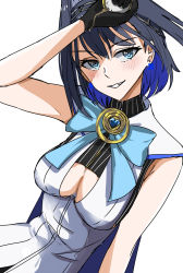 Rule 34 | 1girl, black gloves, blue eyes, blue hair, blue ribbon, bow, bow earrings, breasts, chain, cleavage cutout, clock, clothing cutout, earrings, gloves, hair intakes, headband, highres, hololive, hololive english, jewelry, macartura08, medium breasts, ouro kronii, ribbon, shirt, short hair, simple background, sleeveless, sleeveless shirt, smile, solo, virtual youtuber, white background