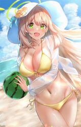 Rule 34 | 1girl, absurdres, ball, beachball, bikini, blue archive, breasts, cleavage, collarbone, flower, front-tie bikini top, front-tie top, hat, hat flower, highres, holding, holding ball, large breasts, light brown hair, long hair, looking at viewer, miyama mizuki (hoshihoshi1220), nonomi (blue archive), nonomi (swimsuit) (blue archive), open mouth, outdoors, see-through, see-through shirt, shirt, side-tie bikini bottom, solo, sun hat, swimsuit, watermelon beachball, white hat, white shirt, yellow bikini