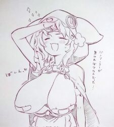 Rule 34 | 1girl, :d, bandaid, bandaids on nipples, blush, breasts, cape, commentary request, corrupted twitter file, fang, highres, hood, huge breasts, medium hair, monochrome, nijisanji, open mouth, pasties, skin fang, smile, solo, traditional media, translation request, tsukareta san, virtual youtuber, warabeda meiji