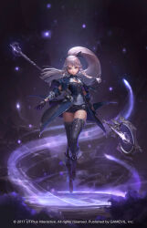 Rule 34 | 1girl, absurdres, black gloves, black thighhighs, braid, breasts, brown eyes, capelet, copyright notice, detached sleeves, floating, gloves, grey hair, hair tubes, highres, holding, holding staff, iltaek oh, long hair, pointy ears, ponytail, shorts, single braid, small breasts, solo, staff, tailon, thighhighs