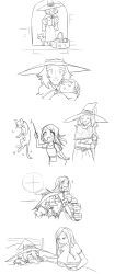 Rule 34 | 2girls, absurdres, age progression, baby, basket, bowl, breasts, capelet, cat, child, cleavage, comic, dragon&#039;s crown, feeding, food, greyscale, hat, highres, huge breasts, long hair, magic, matsu-sensei, monochrome, multiple girls, old, old woman, silent comic, smile, sorceress (dragon&#039;s crown), soup, spoon, wand, witch hat