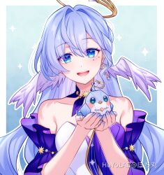 Rule 34 | 1girl, :d, aqua eyes, bare shoulders, blue hair, blue nails, commentary request, detached sleeves, dress, hair intakes, hands up, head wings, highres, honkai: star rail, honkai (series), long hair, looking at viewer, nail polish, open mouth, pochimaru (marumaru wanwan), robin (honkai: star rail), short sleeves, smile, solo, strapless, strapless dress, upper body, very long hair, wings