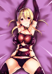 Rule 34 | 1girl, :d, alternate eye color, armpits, arms up, black bra, black choker, black gloves, black panties, blonde hair, blush, bra, breasts, choker, commentary request, corruption, dark persona, gloves, highres, kantai collection, keiki illust, large breasts, looking at viewer, low twintails, navel, open mouth, panties, prinz eugen (kancolle), pubic tattoo, red eyes, smile, solo, spread legs, tattoo, thighhighs, thighs, twintails, underwear