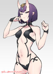 Rule 34 | 1girl, absurdres, artist name, bob cut, breasts, closed mouth, commentary, cowboy shot, eyeliner, fate/grand order, fate (series), ge-b, grey background, hand to own mouth, hands up, headpiece, highres, horns, looking at viewer, makeup, navel, oni, pointy ears, purple eyes, purple hair, revealing clothes, short hair, shuten douji (fate), simple background, skin-covered horns, small breasts, smile