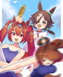 Rule 34 | 3girls, :d, animal ears, aston machan (umamusume), bare shoulders, blue one-piece swimsuit, blue school swimsuit, blue sky, blurry, blush, bow, breasts, brown hair, buruma, cloud, collarbone, commentary request, competition school swimsuit, corn, cowboy shot, crown, daiwa scarlet (umamusume), day, ear ornament, fang, food, green eyes, group picture, gym shirt, gym uniform, hair between eyes, hair intakes, hair over one eye, highres, holding, holding food, horse ears, horse girl, horse tail, katwo, large breasts, long hair, looking at viewer, low ponytail, motion blur, multicolored hair, multiple girls, one-piece swimsuit, open mouth, photobomb, red buruma, red eyes, school swimsuit, shirt, sidelocks, skin fang, sky, smile, standing, streaked hair, swimsuit, tail, tiara, tracen swimsuit, twintails, umamusume, vodka (umamusume), white hair, white shirt, yellow eyes