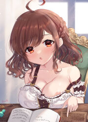 Rule 34 | 1girl, :o, ahoge, areola slip, awayuki ramika, blush, book, braid, breast rest, breasts, brown eyes, brown hair, chair, cleavage, collarbone, commentary request, curtains, desk, dress, gem, highres, large breasts, looking at viewer, medium hair, open book, open mouth, original, sitting, solo, strap slip, white dress, window