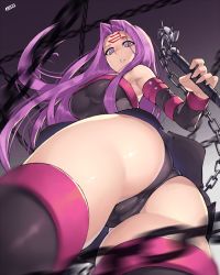 Rule 34 | 1girl, ass, bad id, bad twitter id, breasts, cameltoe, chain, cleft of venus, elbow gloves, facial mark, fate/stay night, fate (series), forehead mark, foreshortening, from below, gloves, gradient background, jjune, large breasts, long hair, looking at viewer, medusa (fate), medusa (rider) (fate), nameless dagger (fate), panties, parted lips, purple eyes, purple hair, pussy, rectangular pupils, solo, thighhighs, underwear, very long hair, weapon, zettai ryouiki