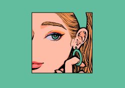 Rule 34 | 1girl, blonde hair, border, ear piercing, earrings, eyeliner, green border, green eyes, green hairband, hairband, hand up, highres, jewelry, makeup, minillustration, original, piercing, smile, solo