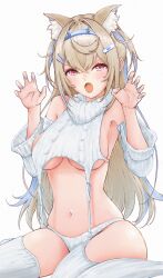 Rule 34 | 1girl, animal ear fluff, bandaid, bandaid hair ornament, blonde hair, blue hair, blue nails, blush, breasts, detached sleeves, fang, fuwawa abyssgard, garter straps, hair ornament, hairpin, highres, hololive, hololive english, large breasts, looking at viewer, meme attire, multicolored hair, nail polish, open mouth, panties, pink eyes, side-tie panties, skin fang, solo, streaked hair, sweater, thighhighs, tomozoo83, two side up, underwear, virgin destroyer sweater, virtual youtuber, white garter straps, white panties, white sleeves, white sweater, white thighhighs