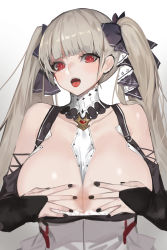 Rule 34 | 1girl, absurdres, azur lane, bad id, bad pixiv id, bare shoulders, between breasts, black nails, bow, breast lift, breasts, choker, cleavage, dress, eyelashes, formidable (azur lane), frilled dress, frills, grey hair, hair bow, highres, jam (nandade), large breasts, long hair, nail polish, paizuri invitation, parted lips, red eyes, solo, twintails, two-tone dress, two-tone ribbon, upper body, white background