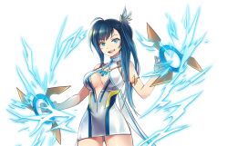 Rule 34 | 1girl, ahoge, bare shoulders, blue eyes, blue hair, breasts, breasts apart, center opening, cowboy shot, dot nose, dress, electricity, game cg, gold armlet, hair ornament, lighden (master of eternity), long hair, looking at viewer, master of eternity, medium breasts, non-web source, official art, short dress, side ponytail, simple background, sleeveless, sleeveless dress, sleeveless turtleneck dress, smile, solo, teeth, transparent background, turtleneck, upper teeth only, white dress