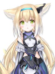 Rule 34 | 1girl, :o, animal ear fluff, animal ears, arknights, bare shoulders, black gloves, blonde hair, blouse, blue hairband, blush, breasts, cloak, covered collarbone, fox ears, fox girl, fox tail, gloves, green eyes, hair between eyes, hairband, highres, infection monitor (arknights), kitsune, langley1000, long hair, looking at viewer, low twintails, material growth, oripathy lesion (arknights), parted lips, purple shirt, purple skirt, shirt, simple background, skirt, sleeveless, sleeveless shirt, small breasts, solo, suzuran (arknights), tail, twintails, very long hair, white background, white cloak, white shirt