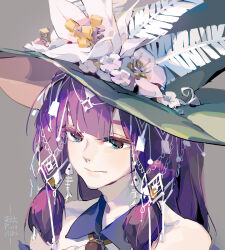 Rule 34 | 1girl, artist name, brown background, closed mouth, collared shirt, commentary request, drop earrings, earrings, fish bone earrings, flower, flower hat, green eyes, green hat, hat, highres, jewelry, long hair, looking away, low twintails, nose, original, pixiv id, portrait, purple eyes, shirt, simple background, solo, tennohi, twintails, white flower, white shirt, witch