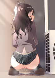 Rule 34 | 1girl, air conditioner, alley, anus, black hair, blue eyes, blush, censored, exhibitionism, from behind, highres, idolmaster, idolmaster shiny colors, kazano hiori, mosaic censoring, no panties, open mouth, pee, peeing, public indecency, puddle, pussy, sakamata (sakamata4), skirt, solo, squatting