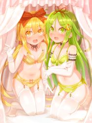 Rule 34 | 2girls, absurdres, blonde hair, blush, bra, collarbone, crescent, crescent hair ornament, green bra, green eyes, green hair, green panties, hair between eyes, hair ornament, hat, hat ribbon, highres, kantai collection, long hair, low twintails, multiple girls, nagatsuki (kancolle), navel, open mouth, panties, red ribbon, ribbon, satsuki (kancolle), smile, suzushiro (gripen39), thighhighs, twintails, underwear, white legwear, yellow bra, yellow eyes, yellow panties