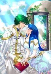 Rule 34 | 1boy, 1girl, blue hair, book, closed eyes, commentary request, dress, elice (fire emblem), field, fire emblem, fire emblem: mystery of the emblem, flower, flower field, gold trim, green hair, hetero, holding, holding book, holy pledge, imminent kiss, long hair, merric (fire emblem), nintendo, pants, parted lips, shirt, sitting, white dress, white pants, white shirt