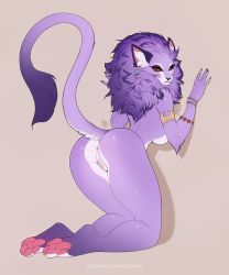 Rule 34 | 1girl, alternate form, animal ears, animal hands, anus, armlet, ass, bracelet, breasts, cat ears, cat girl, cat tail, claws, colored sclera, earrings, fangs, from behind, furry, isabella (seiken densetsu 3), jewelry, lion mane, no nipples, presenting, purple fur, purple hair, pussy, red sclera, ring, seiken densetsu, seiken densetsu 3, slit pupils, tail, yasmil
