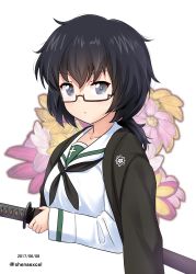 Rule 34 | 10s, 1girl, black-framed eyewear, black eyes, black hair, black neckerchief, blouse, closed mouth, commentary request, cropped torso, dated, floral background, flower, flower request, girls und panzer, glasses, haori, highres, holding, holding sword, holding weapon, japanese clothes, katana, light frown, long sleeves, looking at viewer, medium hair, messy hair, neckerchief, one-hour drawing challenge, ooarai school uniform, oryou (girls und panzer), school uniform, semi-rimless eyewear, serafuku, shiina excel, shirt, short ponytail, solo, standing, sword, twitter username, under-rim eyewear, upper body, weapon, white background, white shirt