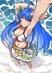 Rule 34 | 1girl, ;), absurdres, ahoge, arms up, bikini, blue hair, breasts, cleavage, closed mouth, commentary, food-themed hair ornament, full body, groin, hair ornament, highres, hinanawi tenshi, holding own arm, large breasts, long hair, looking at viewer, navel, ocean, one eye closed, outdoors, peach hair ornament, rainbow gradient, red eyes, smile, solo, standing, swimsuit, touhou, wading, white bikini, yuuka (a0240765)