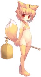 Rule 34 | 1girl, animal ears, bell, belly, blonde hair, elbow gloves, fat mons, fox ears, gloves, highres, looking at viewer, moonlight flower, navel, pussy, ragnarok online, red eyes, short hair, simple background, solo, tail, thighhighs, tsuderou, uncensored, white background