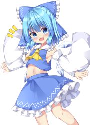 Rule 34 | 1girl, :d, adapted costume, blue eyes, blue hair, blue ribbon, blue shirt, blue skirt, bow, cirno, cosplay, detached sleeves, fang, hair bow, hair ornament, hakurei reimu, hakurei reimu (cosplay), highres, ice, ice wings, japanese clothes, miko, nontraditional miko, open mouth, ribbon, sabana, shirt, skirt, smile, touhou, wide sleeves, wings