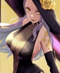 Rule 34 | 1girl, bare shoulders, black dress, black hat, black lips, breasts, cleavage, collar, covered navel, dress, fishnets, flower, flower tattoo, from above, hat, large breasts, long hair, niijima sae, persona, persona 5, pppppknw, rose, shadow (persona), shadow sae, shoulder tattoo, silver hair, smile, spiked collar, spikes, tattoo, yellow background, yellow flower, yellow rose