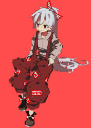 Rule 34 | 1girl, arm belt, baggy pants, belt, bow, brown footwear, collared dress, dress, flat chest, frilled shirt, frills, fujiwara no mokou, hair bow, highres, long hair, multiple hair bows, ofuda, ofuda on clothes, pants, ponytail, red background, red eyes, red pants, shirt, sitting, so happy 64, solo, suspenders, touhou, very long hair, white hair