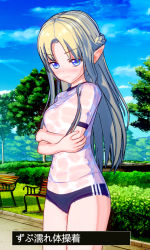 Rule 34 | 1girl, bench, blonde hair, blue eyes, breasts, elf, gym shorts, gym uniform, legs, long hair, nintendo, pointy ears, princess zelda, serious, shirt, shorts, sky, solo, standing, the legend of zelda, the legend of zelda: a link to the past, tree, white shirt