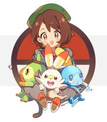 Rule 34 | 1girl, :d, animal, beret, blue eyes, blush, brown eyes, brown hair, bug, butterfly, captain yue, commentary, creatures (company), cropped torso, game freak, gen 8 pokemon, gloria (pokemon), green hat, grey hoodie, grookey, hat, highres, hood, hood down, hoodie, hug, insect, nintendo, open mouth, poke ball symbol, pokemon, pokemon (creature), pokemon swsh, red eyes, round teeth, scorbunny, smile, sobble, starter pokemon trio, symbol-only commentary, teeth, twitter username, upper body, upper teeth only, water
