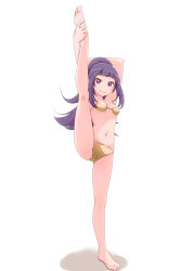 Rule 34 | 1girl, absurdres, bare legs, barefoot, bikini, breasts, closed mouth, copyright request, female focus, full body, gold bikini, hands up, highres, long hair, looking at viewer, navel, purple eyes, purple hair, simple background, small breasts, smile, solo, split, standing, standing on one leg, standing split, swimsuit, white background, yonekura hisaki