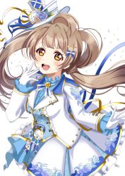 Rule 34 | 1girl, blue bow, blue ribbon, blue shirt, blush, bow, brown hair, commentary, floral print, frilled skirt, frilled sleeves, frills, gloves, hair bow, hair ornament, hat, highres, jacket, long hair, long sleeves, looking at viewer, love live!, minami kotori, one side up, open mouth, pleated skirt, ranemu, ribbon, shirt, signature, simple background, skirt, smile, solo, striped, striped bow, symbol-only commentary, teeth, top hat, upper body, upper teeth only, white background, white bow, white gloves, white hat, white jacket, white skirt, yellow eyes, yellow ribbon