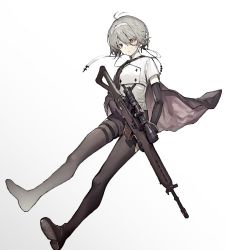 Rule 34 | 1girl, ahoge, assault rifle, black gloves, black legwear, boots, brown eyes, brown footwear, capelet, closed mouth, collar, commentary, elbow gloves, from side, full body, gloves, grey capelet, grey hair, gun, hair between eyes, hairband, highres, holding, holding gun, holding weapon, jacket, optical sight, original, rifle, scope, seallllion, shirt, short hair, sig sg550, sig sauer, sig sg550, simple background, solo, thigh strap, weapon, white background, white hairband, white shirt