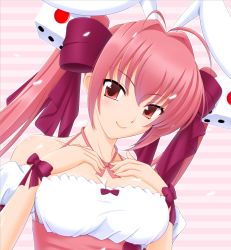 Rule 34 | 1girl, animal ears, antenna hair, bare shoulders, bow, breasts, rabbit ears, cleavage, di gi charat, dice, gaen, hair bow, hair ornament, large breasts, long hair, looking at viewer, pink eyes, pink hair, smile, solo, twintails, usada hikaru