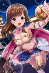 Rule 34 | 1girl, alternative girls, armlet, armor, bikini armor, blue skirt, breasts, brown hair, cape, cleavage, food, hair ornament, highres, hirose koharu, holding, holding food, holding weapon, jewelry, long hair, looking at viewer, night, night sky, official art, outdoors, pink cape, skirt, sky, solo, tree, weapon