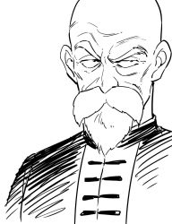 Rule 34 | 1boy, agahari, bald, beard, black eyes, chinese clothes, close-up, dragon ball, dragon ball (classic), expressionless, facial hair, frown, greyscale, looking away, male focus, monochrome, mustache, muten roushi, serious, simple background, solo, upper body, white background