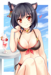 Rule 34 | 10s, 1girl, animal ears, bell, neck bell, bikini, black hair, blush, breasts, cat ears, head rest, cleavage, cloud, cloudy sky, collar, day, hair ornament, heart, kantai collection, looking at viewer, medium breasts, nikoo, parfait, red eyes, short hair, sitting, sky, smile, solo, swimsuit, table, yamashiro (kancolle)