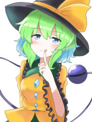 Rule 34 | 1girl, :q, absurdres, black hat, blouse, blue eyes, blush, bow, buttons, closed mouth, commentary request, diamond button, eyeball, finger to mouth, frilled shirt collar, frilled sleeves, frills, green hair, green skirt, hair between eyes, hand up, hat, hat bow, hat ribbon, highres, komeiji koishi, long sleeves, looking at viewer, medium hair, ribbon, shirt, simple background, skirt, smile, solo, theon (te2eo), third eye, tongue, tongue out, touhou, upper body, wavy hair, white background, wide sleeves, yellow bow, yellow ribbon, yellow shirt