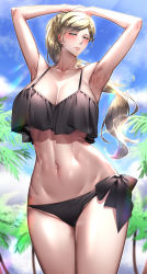 Rule 34 | 1girl, abs, absurdres, armpits, bikini, black bikini, blonde hair, blue eyes, breasts, cleavage, collarbone, day, highres, kantai collection, kome cola, large breasts, looking at viewer, navel, official alternate costume, ponytail, richelieu (kancolle), side-tie bikini bottom, solo, swimsuit, toned