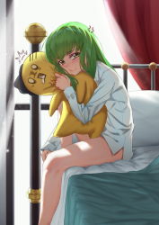 Rule 34 | 1girl, anger vein, angry, bad id, bad pixiv id, blush, breasts, c.c., code geass, commentary, green hair, highres, jmao, long hair, on bed, shirt, sitting, sleeves past wrists, solo, stuffed toy, white shirt, yellow eyes