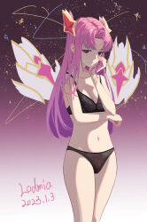 Rule 34 | 1girl, absurdres, arm under breasts, artist name, bare arms, bare shoulders, black bra, black panties, bra, breasts, dated, detached wings, hair ornament, highres, kai&#039;sa, league of legends, lingerie, lodmia, long hair, medium breasts, multicolored background, navel, panties, parted bangs, pink background, pink hair, smile, solo, star (symbol), star guardian kai&#039;sa, star hair ornament, stomach, underwear, wings