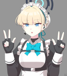 Rule 34 | 1girl, apron, black gloves, blonde hair, blue archive, blue bow, blue bowtie, blue eyes, bow, bowtie, braid, bun cover, commentary request, double v, earpiece, expressionless, fingerless gloves, french braid, gloves, grey background, hair between eyes, hair bun, halo, highres, long hair, long sleeves, looking at viewer, maid, maid apron, maid headdress, majinmallow, parted lips, shoulder strap, sidelocks, simple background, single hair bun, solo, toki (blue archive), turtleneck, v