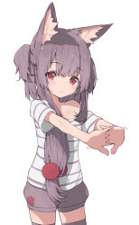 Rule 34 | 1girl, animal ears, beads, black thighhighs, cat ears, commentary, hair beads, hair ornament, interlocked fingers, long hair, looking at viewer, original, paryi, paw print, red eyes, shirt, shorts, simple background, solo, stretching, striped clothes, striped shirt, thighhighs, two side up, white background