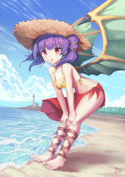 Rule 34 | 1girl, barefoot, beach, bikini, blue sky, blush, breasts, cleavage, cloud, day, dragon wings, fire emblem, fire emblem: the sacred stones, hat, highres, leaning forward, long hair, looking at viewer, medium breasts, multi-tied hair, myrrh (fire emblem), mystic-san, nintendo, open mouth, outdoors, purple hair, red eyes, sky, solo, standing, straw hat, swimsuit, twintails, water, wings