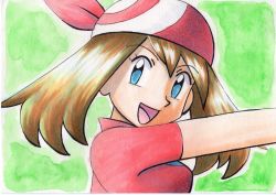 Rule 34 | 1girl, :d, bandana, blue eyes, breasts, brown hair, collared shirt, commentary, creatures (company), eyelashes, from side, game freak, green background, highres, looking at viewer, looking to the side, may (pokemon), nintendo, oka mochi, open mouth, pokemon, pokemon (anime), pokemon rse (anime), red bandana, shirt, short sleeves, smile, solo, tongue, traditional media, upper body