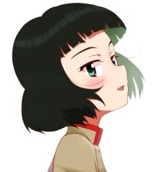 Rule 34 | 1girl, black hair, blunt bangs, blunt ends, blush, bob cut, brown jacket, chi-hatan school uniform, commentary request, from side, girls und panzer, green eyes, high collar, jacket, kayabakoro, looking at viewer, nishihara yasoko, open mouth, portrait, school uniform, short hair, simple background, smile, solo, white background