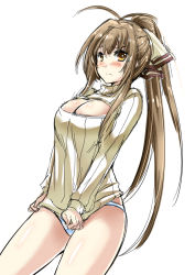 Rule 34 | 10s, 1girl, alternate costume, amagi brilliant park, antenna hair, blush, breasts, brown hair, cleavage, cleavage cutout, clothes tug, clothing cutout, cowboy shot, female focus, hair ribbon, highres, large breasts, long hair, meme attire, nekoi hikaru, open-chest sweater, panties, ponytail, ribbon, sento isuzu, simple background, sketch, solo, standing, striped clothes, striped panties, sweater, sweater tug, turtleneck, underwear, very long hair, white background, yellow eyes