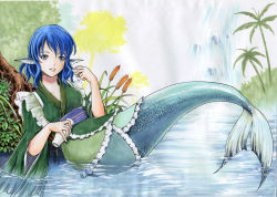 Rule 34 | 1girl, blue eyes, blue hair, cattail, choko (cup), cup, fins, grass, head fins, japanese clothes, kimono, leaf, looking away, marker (medium), matching hair/eyes, mermaid, monster girl, obi, outdoors, palm tree, parted lips, plant, reclining, sash, short hair, solo, stream, tokkuri, touhou, traditional media, tree, wakasagihime, water, waterfall, wys 1981