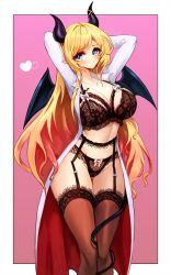 Rule 34 | 1girl, arms up, bat tattoo, black bra, blonde hair, blush, bra, breast tattoo, breasts, cleavage, demon girl, demon horns, demon tail, demon wings, garter belt, garter straps, highres, hololive, horns, lab coat, large breasts, long hair, notte, pointy ears, solo, tail, tattoo, thighhighs, underwear, virtual youtuber, winged heart, wings, yuzuki choco, yuzuki choco (1st costume)
