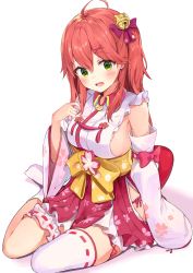 Rule 34 | 1girl, absurdres, ahoge, asymmetrical legwear, bare shoulders, bell, blush, bow, breasts, cherry blossom print, commentary request, detached sleeves, floral print, green eyes, hair bell, hair between eyes, hair bow, hair ornament, hairclip, hand up, head tilt, highres, hololive, japanese clothes, jingle bell, kimono, long hair, long sleeves, looking at viewer, medium breasts, one side up, open mouth, pleated skirt, purple bow, racchi., red hair, red skirt, revision, ribbon-trimmed legwear, ribbon trim, sakura miko, sakura miko (1st costume), shadow, sideboob, single sock, single thighhigh, sitting, skirt, sleeveless, sleeveless kimono, sleeves past wrists, socks, solo, thighhighs, uneven legwear, virtual youtuber, white background, white kimono, white sleeves, white socks, wide sleeves, x hair ornament, yokozuwari